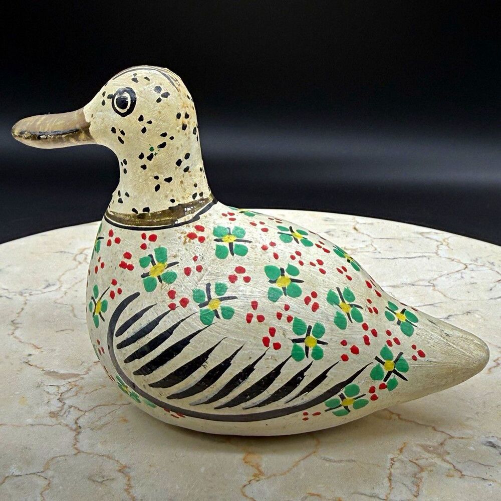 Vintage Mexican Wood Duck Hand Painted Floral Folk Art Carved Mexico Figurine